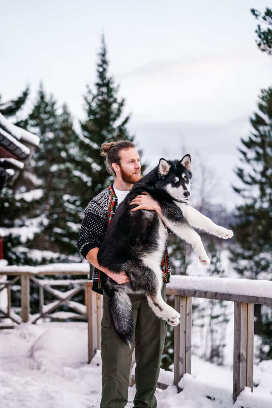 5 Big Dog Myths You Need to Know About 5 man holding a husky dog while standing outside in winter